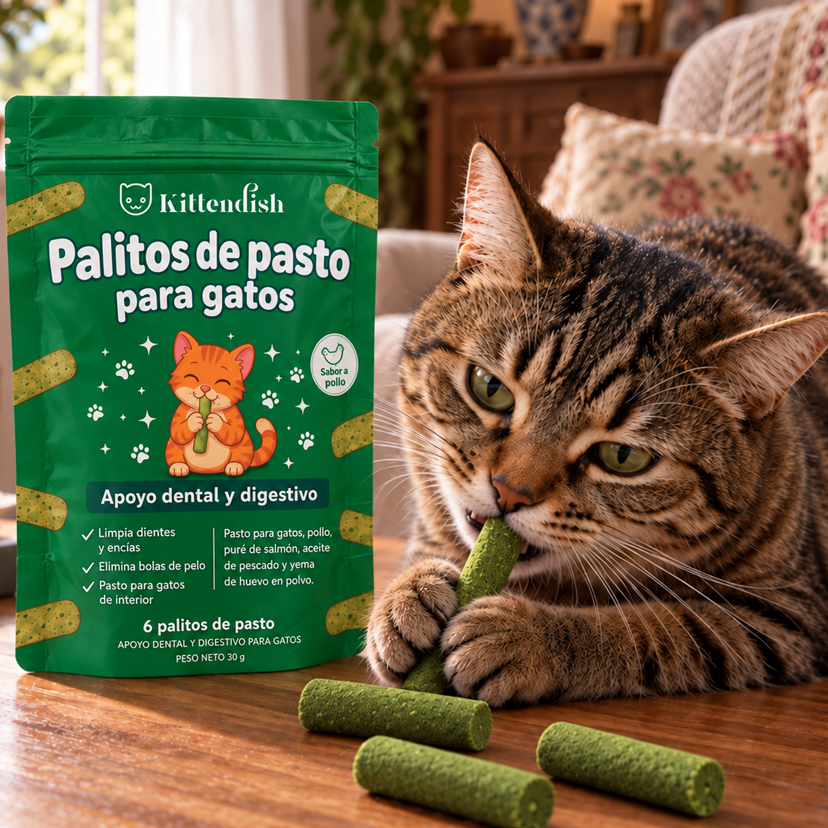 Gato con envase Kittendish en español. Maqueta ilustrativa.